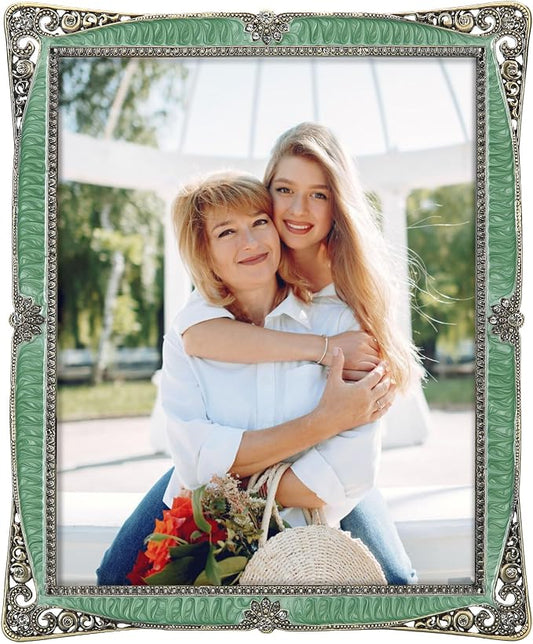8x10 Vintage Picture Frame with Green Metal Brass Pearl for Wedding Decoration Photo Frame, Clear Glass Front Cover Ornate Antique Art Tabletop Display Unique Gifts, Horizontally & Vertically