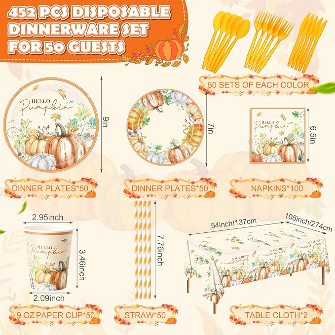 Funnymoom 452 Pcs Hello Pumpkin Thanksgiving Fall Party Supplies for 50, Thanksgiving Pumpkins Paper Plates Napkins Cups Tablecloth Cutlery Straws for Autumn Harvest Birthday Baby Shower Decorations