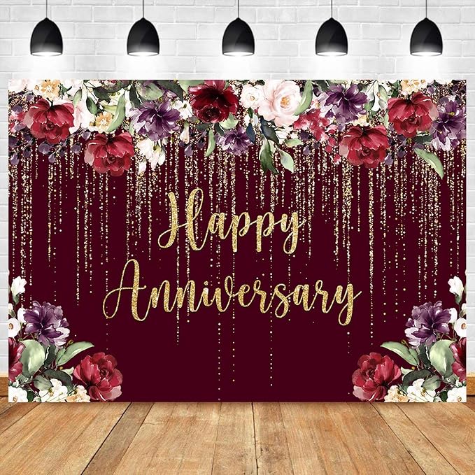 Happy Anniversary Backdrop Party Decorations, Burgundy Flower Wedding Anniversary Party Photography Background Couple Marriage Engagement Commemoration Day Banner Photo Shoot Props 7x5ft