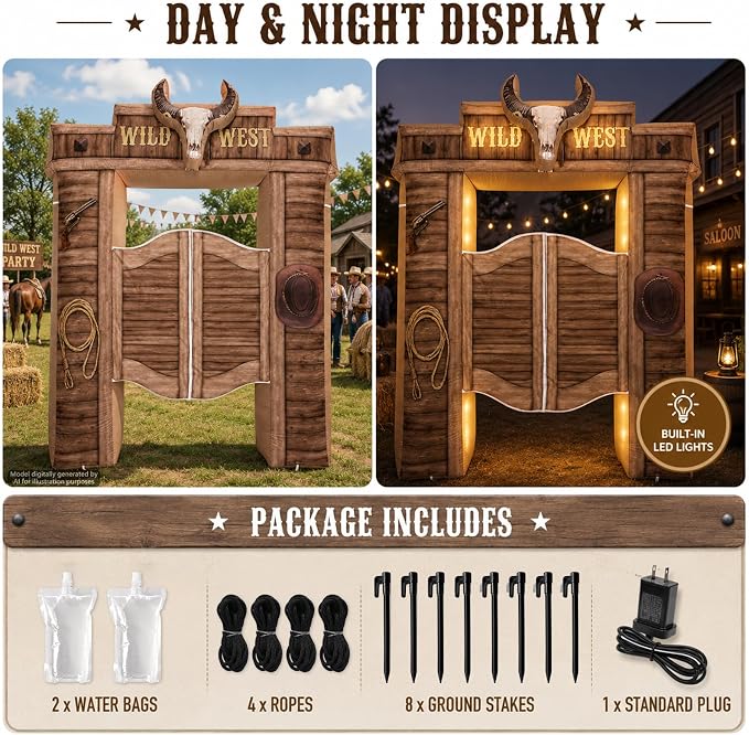 10 Ft Wild West Inflatables Arch Giant Cowboy Inflation Arch with LED Light Western Theme Blow Up Archway for Cowboy Party Outdoor Indoor Yard Lawn Garden Photo Booth Props Blow-Up Backdrop Decor