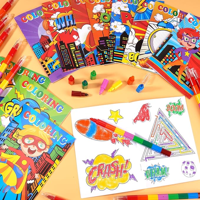 BenLouis 24 Hero Mini Coloring Books Kids with 24 Stacking Crayons Hero Party Favors Activity Books Bulk for Kids Hero Goodie Bag Gift Stuffer Classroom Reward