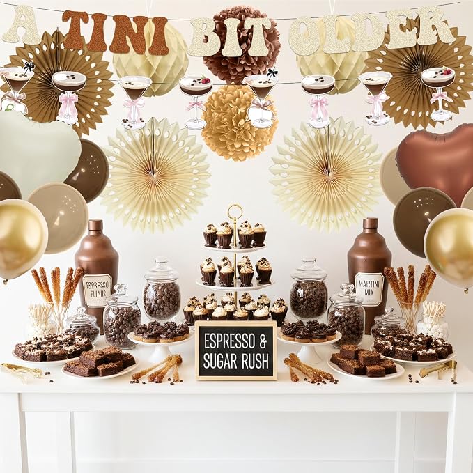 a Tini Bit Older Birthday Decorations - 30PCS Brown a Tini Bit Older Party Banners Balloons Paper Fans Pompoms Honeycomb Centerpieces, Martini Espresso Birthday Decor Supplies for Women