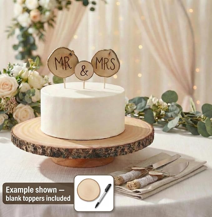 Relaxing Garden 12 Inch Bark Edge Wood Cake Stand Set with Toppers | Sealed 12 in bark-edge wood stand with knife, server and 3 write-on toppers for wedding, birthday and shower cakes