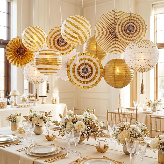 Retisee 18 Pcs Metallic Gold Party Decorations Kit Hanging Metallic Gold Paper Lanterns Paper Fans Honeycomb Balls for Birthday Anniversary Celebration Wedding Graduation Decoration Supplies