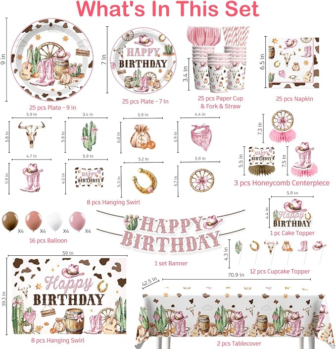 Xynic 214pcs Western Cowgirl Birthday Party Decorations Tableware Set, 25 Serves Disposable Cowgirl Plates and Napkins Set, with Backdrop, 2pcs Tablecloth, for Pink Western Party Decorations