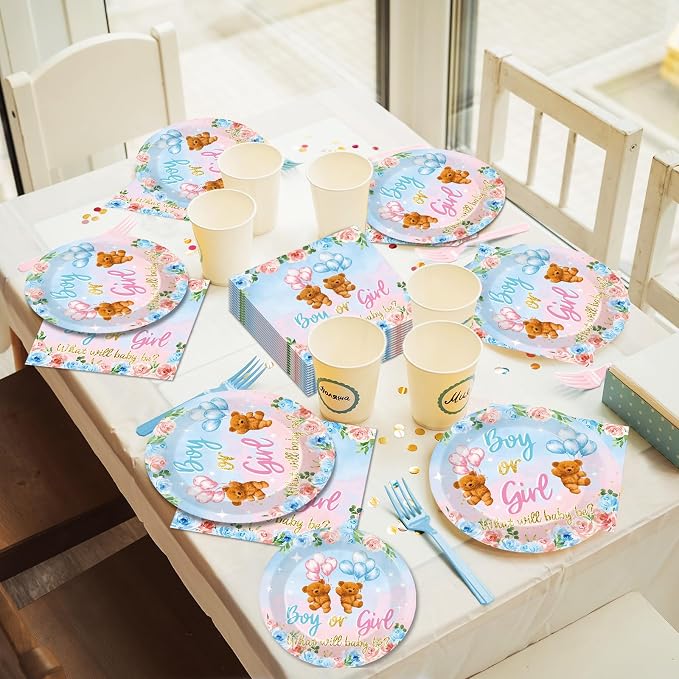 96 Pieces Bear Gender Reveal Theme Tableware Set for Gender Reveal Party Table Decor Supplies Boy or Girl Dessert Plates Napkins Forks for 24 Guests Pink Blue Bear Baby Shower Disposable Party Favors