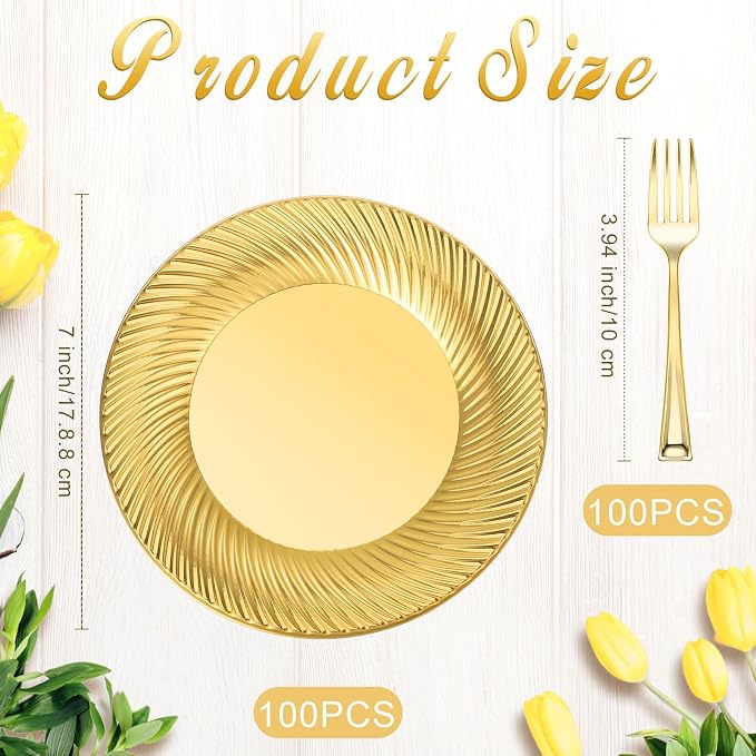 Tioncy 200 Pcs Gold Plastic Dessert Plates with Mini Forks Set for 100 Guests Includes 100 Pcs 7'' Disposable Cake Plates 100 Pcs 3.94'' Gold Plastic Forks for Wedding Birthday Party Dessert Table