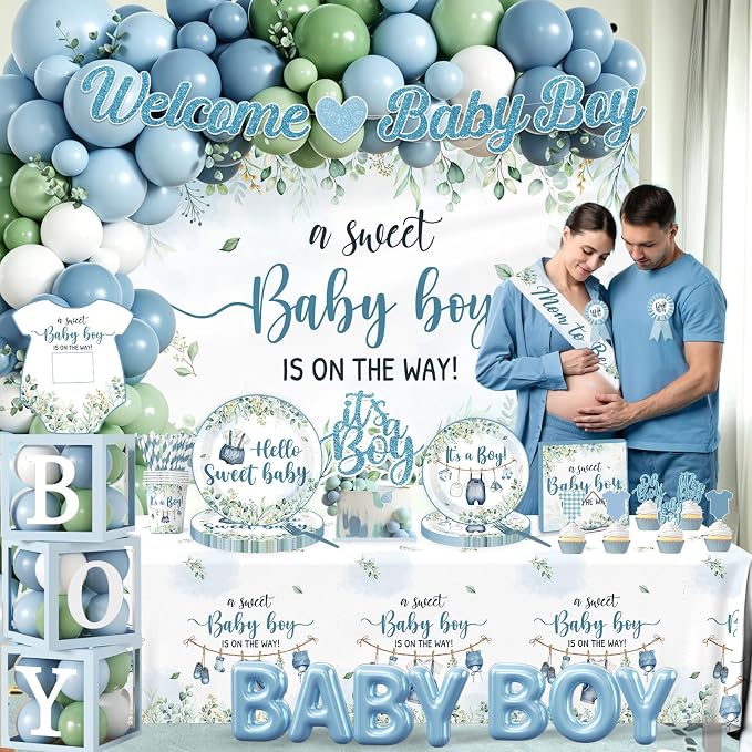 Blue and Sage Green Baby Boy Shower Decorations, All-in-1 Boho Baby Shower Decorations Boy with Balloon Arch Boy Boxes Plates Napkins Cake Toppers Tablecloth Backdrop Banner for Its a Boy Baby Shower