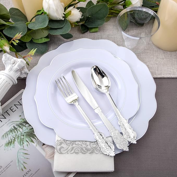 NOCCUR 175pcs Silver Plastic Plates - Silver Rim Plastic Tableware Include 25 Dinner/Dessert Plates, 25 Forks, 25 Knives, 25 Spoons for Wedding/Party