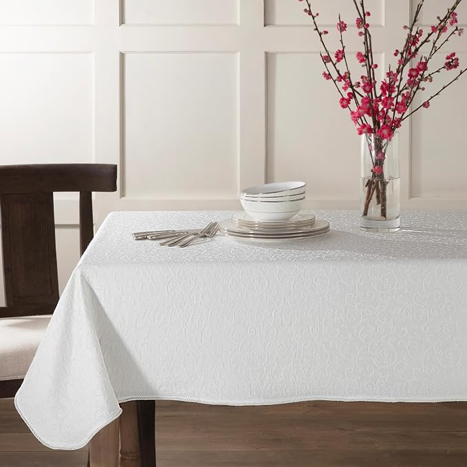 Lenox Opal Innocence 60” x 84” White Rectangle Tablecloth - Machine Washable, Wrinkle-Resistant, Table Cover