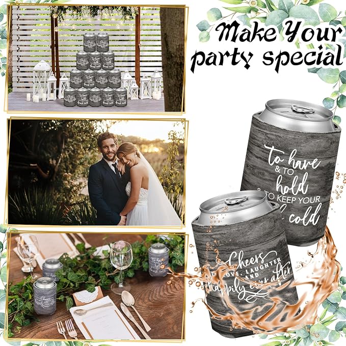 Qinyoung 50 Pieces Wood Grain Wedding Can Cooler Sleeves Bulk Engagement Party Favors for Guests Cheers to Love Laughter and Happily Ever After Rehearsal Dinner Decorations for Wedding Bridal