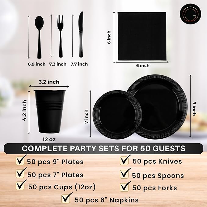 Grandipity 350 Piece Black Dinnerware Set, 50 Guests Plastic Party Plates, Cups, Napkins, Forks, Knives & Spoons