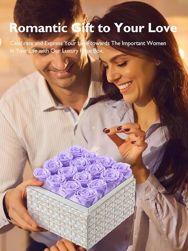Eterfield Forever Flowers Preserved Roses Real Roses that Last Over a Year Rose Box Gifts for Her Mothers Day Valentines Day Christmas (Square Gold White Plaid Box, 16 Light Purple Roses)