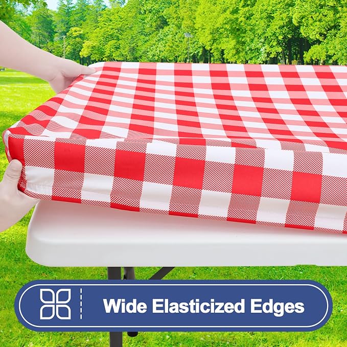 Smiry Picnic Table Cloth 6 Pack, Waterproof Elastic Fitted Tablecloths for 8FT Rectangle Tables, Washable Polyester Buffalo Plaid Tablecloth for Camping, Dining & Outdoor (Red & White, 30" x 96")