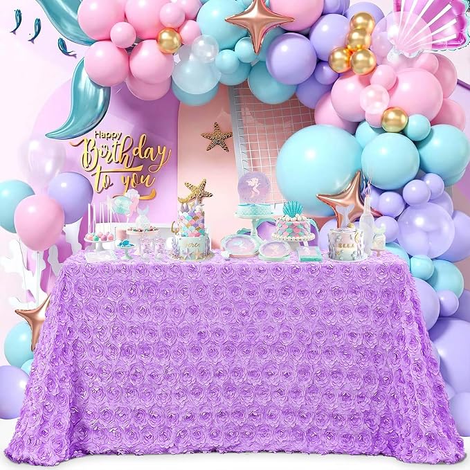 B-COOL Lavender Tablecloth 3D Floral Tablecloths Rosette Fabric 90x156 Inch Brithday Holiday Party Decorations Wedding Party Engagement Linens Cake Table Decoration