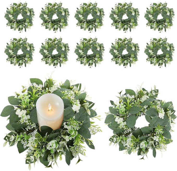 12PCS Artificial Eucalyptus Leaves Wreaths Candle Rings Wreaths Summer Greenery Garland Pillar Holder for Home Wedding Party Table Centerpiece Green