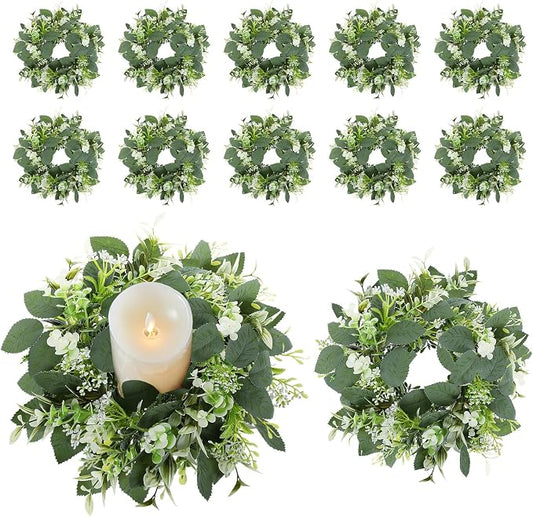 12PCS Artificial Eucalyptus Leaves Wreaths Candle Rings Wreaths Summer Greenery Garland Pillar Holder for Home Wedding Party Table Centerpiece Green