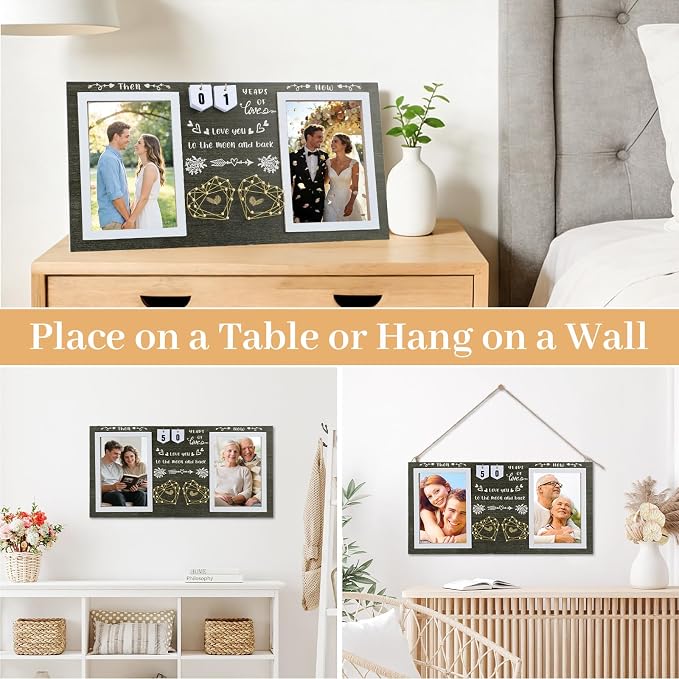 Then & Now Anniversary Picture Frame – Anniversary Wedding Gift for Couple & Parents, 1–99 Years Double 4x6 Picture Frame with Number Cards & Greeting Card (Dark Green)