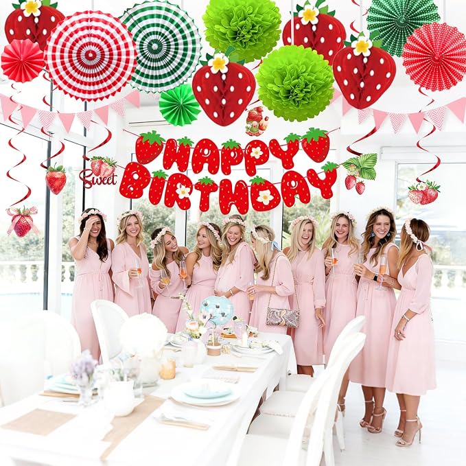 Strawberry Birthday Decorations,Cute Strawberry Party with Red Strawberry Honeycomb Balls,Green Paper Pom Poms,Paper Fan,Banner and Hanging Swirls Berry Hanging Decor Centerpieces