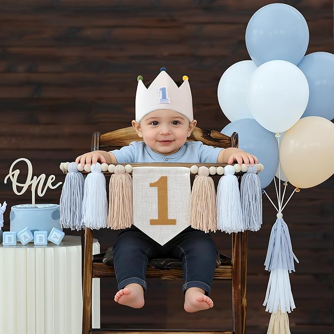 DCJHFJ Baby Boy First Birthday Party Decorations for Blue High Chair Banner with One Cake Topper Crown Hat