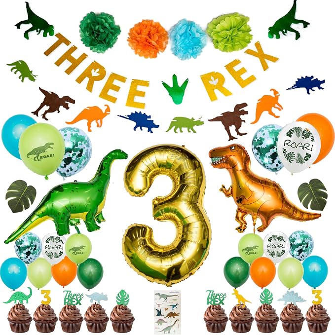 Three Rex Birthday Party Decorations for Boys – 3rd B-day Dinosaur Theme w/ Banners & Balloons – Three Rex Party Supplies for Boy’s Dino Celebration
