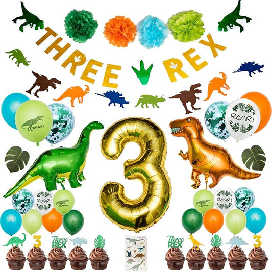 Three Rex Birthday Party Decorations for Boys – 3rd B-day Dinosaur Theme w/ Banners & Balloons – Three Rex Party Supplies for Boy’s Dino Celebration