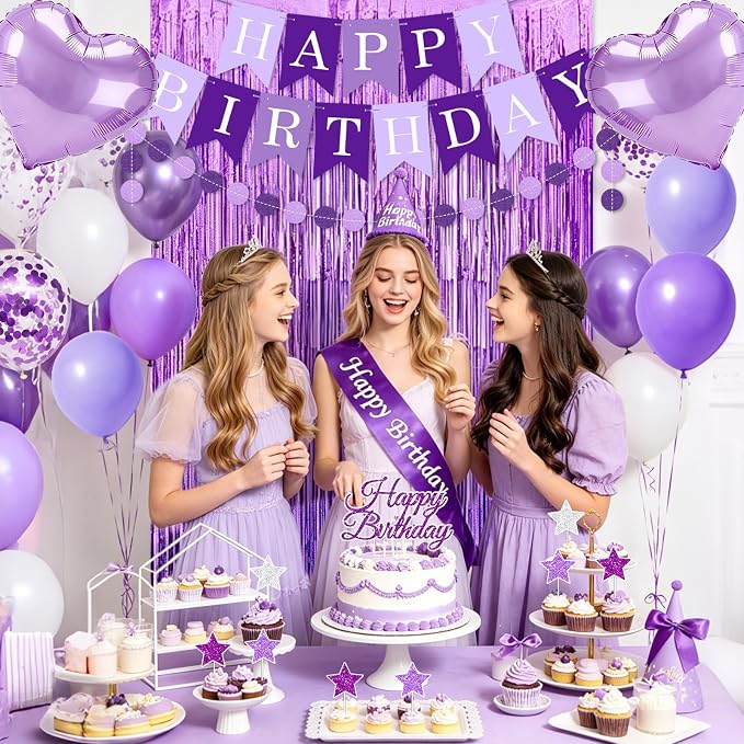 Purple Birthday Decorations, 50PCS Happy Birthday Decorations for Women Include Banner Balloons Sash Foil Fringe Curtain Paper Pompoms, Purple Party Decorations for Girls Women
