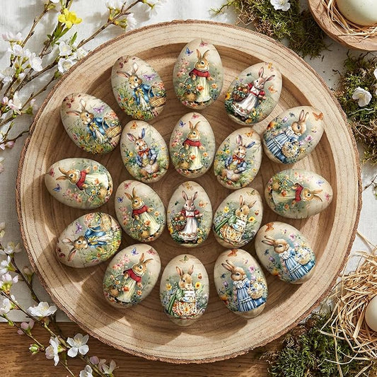 Outus 18 Pcs Easter Egg Ornaments Vintage Easter Egg Hanging Ornament Colorful Decorative Rabbit Hanging Ornaments for Tree Spring Farmhouse Home Fireplace Decoration Holiday Party Favors