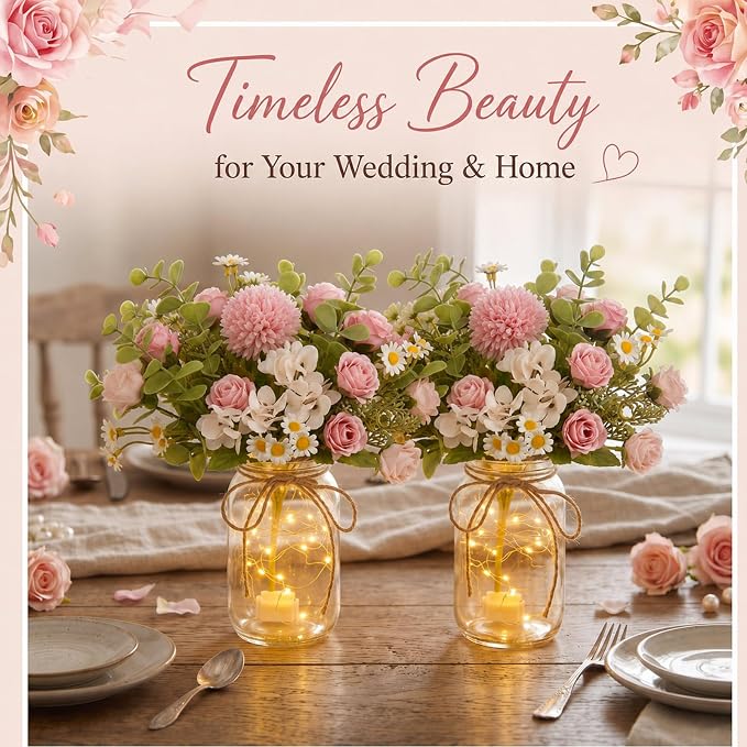 4 Sets Mason Jar with Lights Pink Rose Chamomile, Decorative Pink Centerpieces for Tables Mason Jars Flowers Decorations LED Farmhouse Vase for Home Wedding Event Party Decor