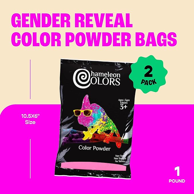 Chameleon Colors Pink Gender Reveal Powder, Two 1 lb Bags, Vibrant Pink Color, Powder for Baby Girl Gender Reveal, Easy-Open Bags, Easy Cleanup, Non-Toxic