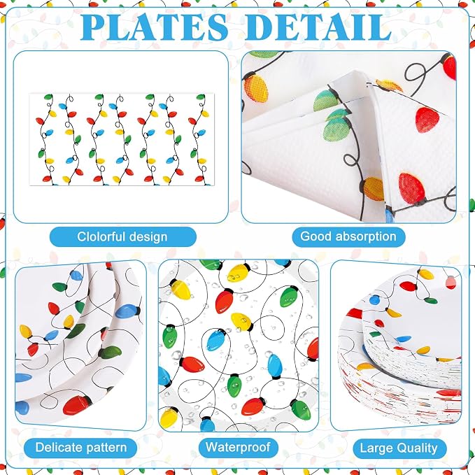 Funnymoom 452 Pcs Christmas Party Decorations for 50 Guests, Colorful Christmas Lights Paper Plates Napkins Cups Tablecloth Cutlery Straws Disposable Tableware Set for Xmas Holiday Party Supplies