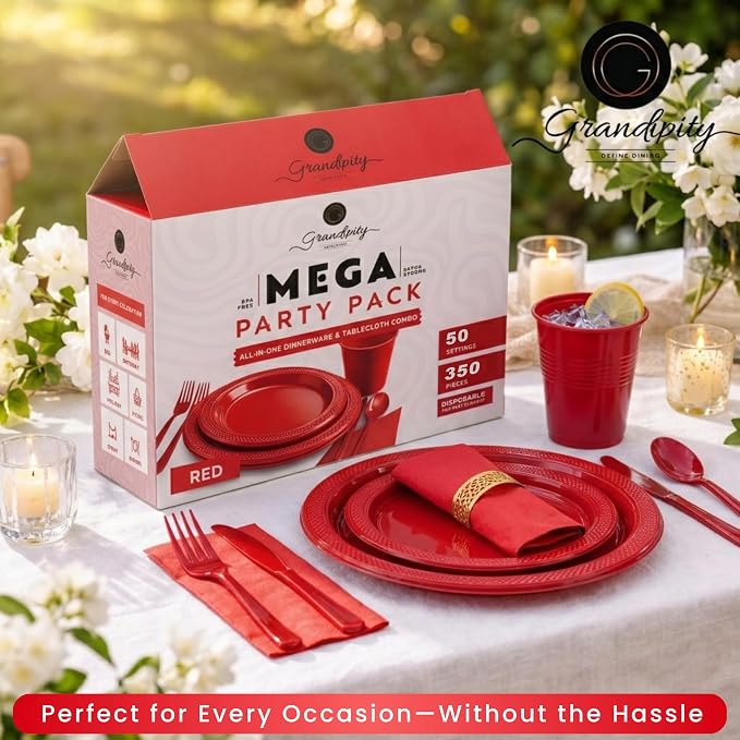 350 Piece RED Disposable Dinnerware Set 50 Guests, Plastic Party Plates And Cups And Napkins Sets - 50 Count 9" Dinner Plates, 7" Dessert Plates, 12oz Cups, Paper Napkins, Forks, Knives & Spoons
