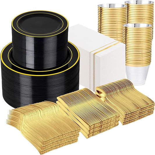 GATHER 700PCS Black Plastic Plates - Gold Disposable Plastic Dinnerware Set Include 200 6.3inch/9inch Black Plates, 300 Silverware, 100 Napkins, 100 Cups for Party & Wedding & Birthday