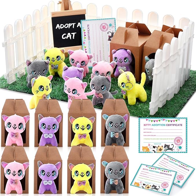 Blueweenly 84 Pcs Adopt a Pet Party Supplies 24 Mini Animals 10 White Plastic Fence 24 Paper Gift Boxes 24 Adoption Cards with Mini Chalkboard and Artificial Lawn(Kitten)