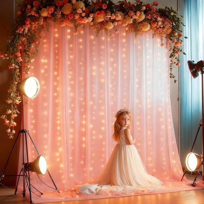 30x8ft Peach Tulle Backdrop Curtain with Lights String for Parites, Sheer Photo Backdrop Curtains for Easter Wedding Baby Shower Birthday Party Photo Shoot Decorations