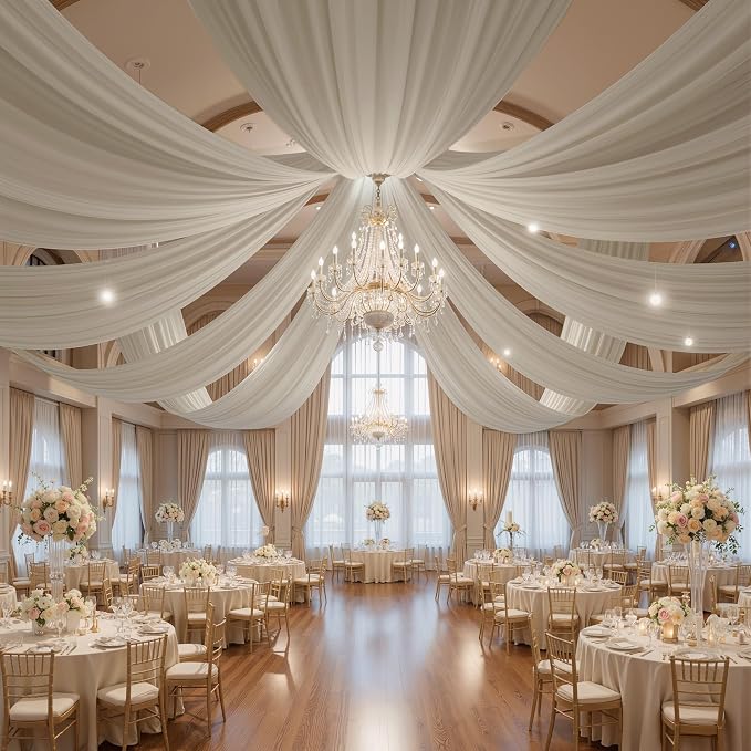 4 Panels 5x20ft Beige Ceiling Drapes for Wedding Parties, Wrinkle Free Off White Thick Polyester 20ft Extra Long Wedding Draping Arch Drapery for Birthday Party Canopy Tent Decor