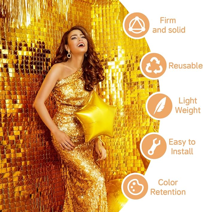 Gold Shimmer Wall Backdrop,Shiny Sequins,12Pcs Sequins Backdrop Panels, Glitter Bling Photo Background Decorations for Birthday Party Wedding Engagement Anniversary Graduation (Each 1FT², Total 12FT²)