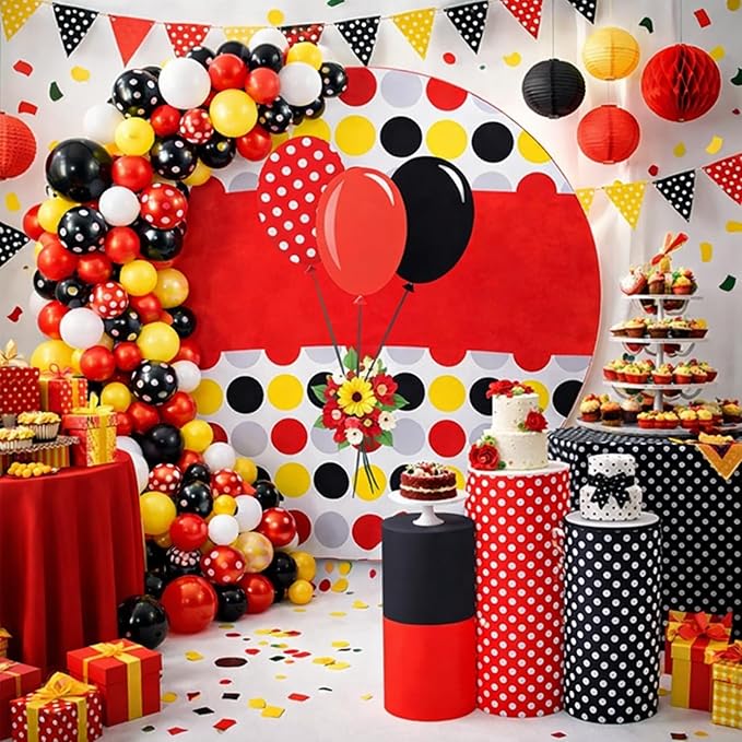 146 Pcs Cartoon Mouse Arch Backdrop Cover Cylinder Stand Covers balloons set for party Photo Props 7.2 feet Polka Round Backdrop Covers for Birthday Baby Shower Ceremony Party Decor