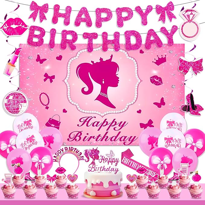 Hot Pink Birthday Party Decorations Supplies, Pink Glitter Happy Birthday Banner, Backdrop, Balloons, Hanging Swirls, Sash, Headband, Cake & Cupcake Toppers for Kids Girls and Women