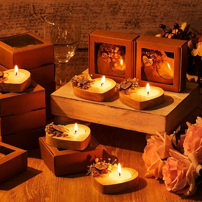 50 Pcs Wedding Candles Favors Rustic Wood Heart Candle Holders Bridal Shower Thank You Gifts for Guest Anniversary,Engagement Party Favors Decor (Natural Color)