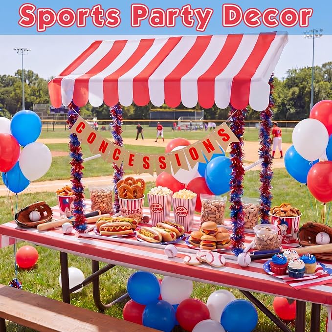 Concessions Stand Supplies Baseball Party Decoration with 1 Set Stand 1 Red and White Striped Sunshade Cloth 4 Red and Blue Tinsel 1 Concessions Banner for Baseball Sport 4th of July Party Decor