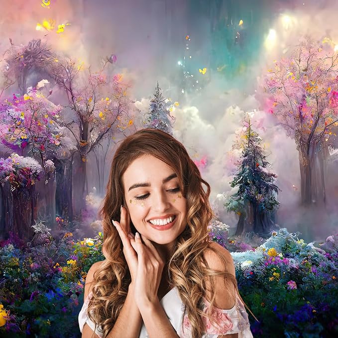 Magical Forest Backdrop Trees with Colorful Fog and Lights Photography Background Fairy Wonderland Mysterious Fantasy Forest with Lush Clouds Backdrop Decors Artist Portrait Background 12x8ft