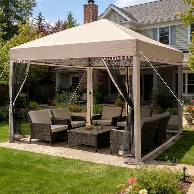 Ez Up 10x10 Pop Up Canopy Tent with Mosquito Netting, Waterproof Portable Instant Outdoor Screen Shelter, Ideal for Camping, Patio, Backyard, Parties and Events,Beige
