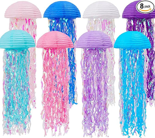 Mermaid Birthday Decorations, Jellyfish Paper Lanterns Pink Purple Blue White Hanging Lantern for Mermaid Birthday Party Baby Shower Under The Sea Ocean Decorations Pack of 8