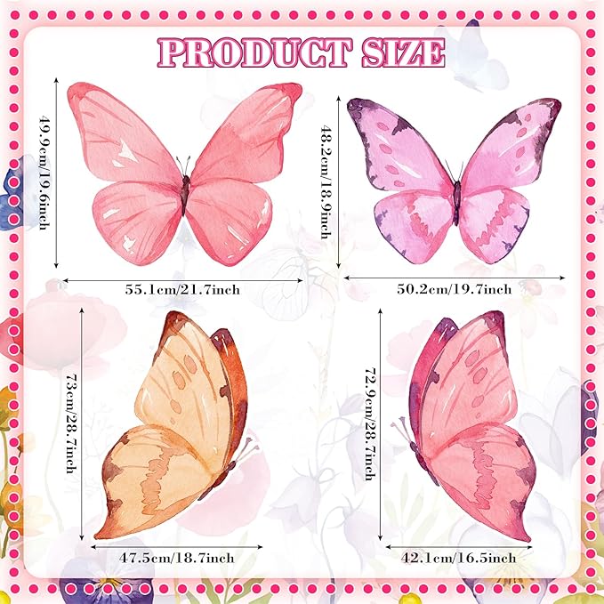 Honoson 4 Pcs Large 20" x 30" Fairy Butterfly Cardboard Cutouts Backdrop, Fairy Birthday Party Decoration Standing Butterfly Props for Spring Garden Outdoor Lawn Yard Signs Baby Shower Supplies