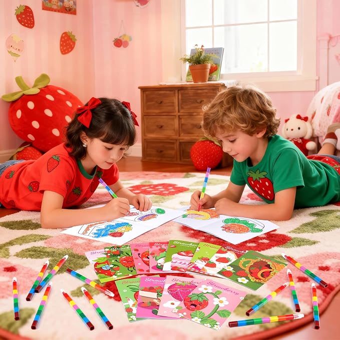 BenLouis 24 Strawberry Mini Coloring Books Kids with 24 Stacking Crayons Berry Party Favors Activity Books Bulk for Kids Girl Fruit First Goodie Bag Gift Stuffer Classroom Reward