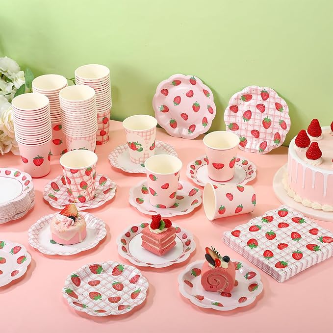 Yungyan 216 Pcs 72 Guests Strawberry Plates and Napkins Berry First Birthday Decorations 6" Gingham Strawberry Dessert Plates 9 oz Cups Tableware Set for Baby Shower Picnic Birthday Party Supplies