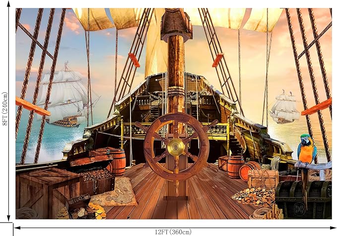 Pirate Ship Backdrop for Photography Nautical Treasure Map Old Wooden Deck Kids Boys Happy Birthday Supplies Baby Shower Decorations Banner Background Photo Studio Booth Props 12X8FT