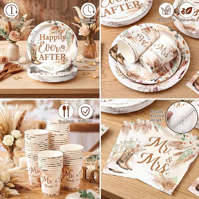 168 Pcs Boho Cowgirl Bridal Shower Party Supplies Happily Ever After Decorations Wedding Plates and Napkins Western Engagement Tableware Set Mr and Mrs Disposable Paper Plate Cups Serves 24