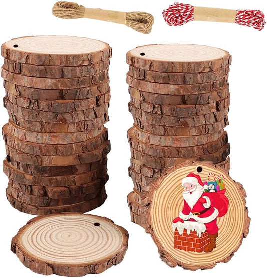 32Pcs Natural Wood Slices for Centerpieces 3.5"-3.9",Unfinished Wood Rounds with Pre-drilled Hole and Feet Twine String,Wood Cookies for DIY Christmas Ornaments Party Wedding.